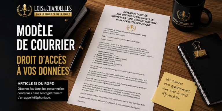 courrier : Exercice de mon droit d’accès – données personnelles contenues dans l’enregistrement d’un appel téléphonique – Article 15 du RGPD